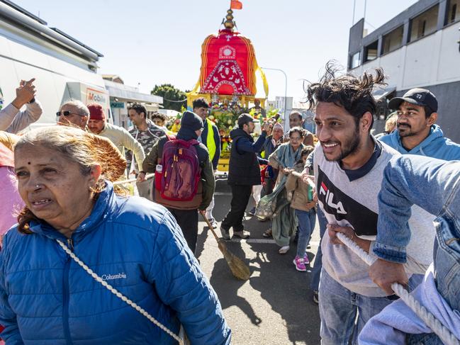 Vijay Bhatiya helps to pull the chariot up Neil St in Toowoomba's Festival of Chariots, Saturday, July 20, 2024. Picture: Kevin Farmer