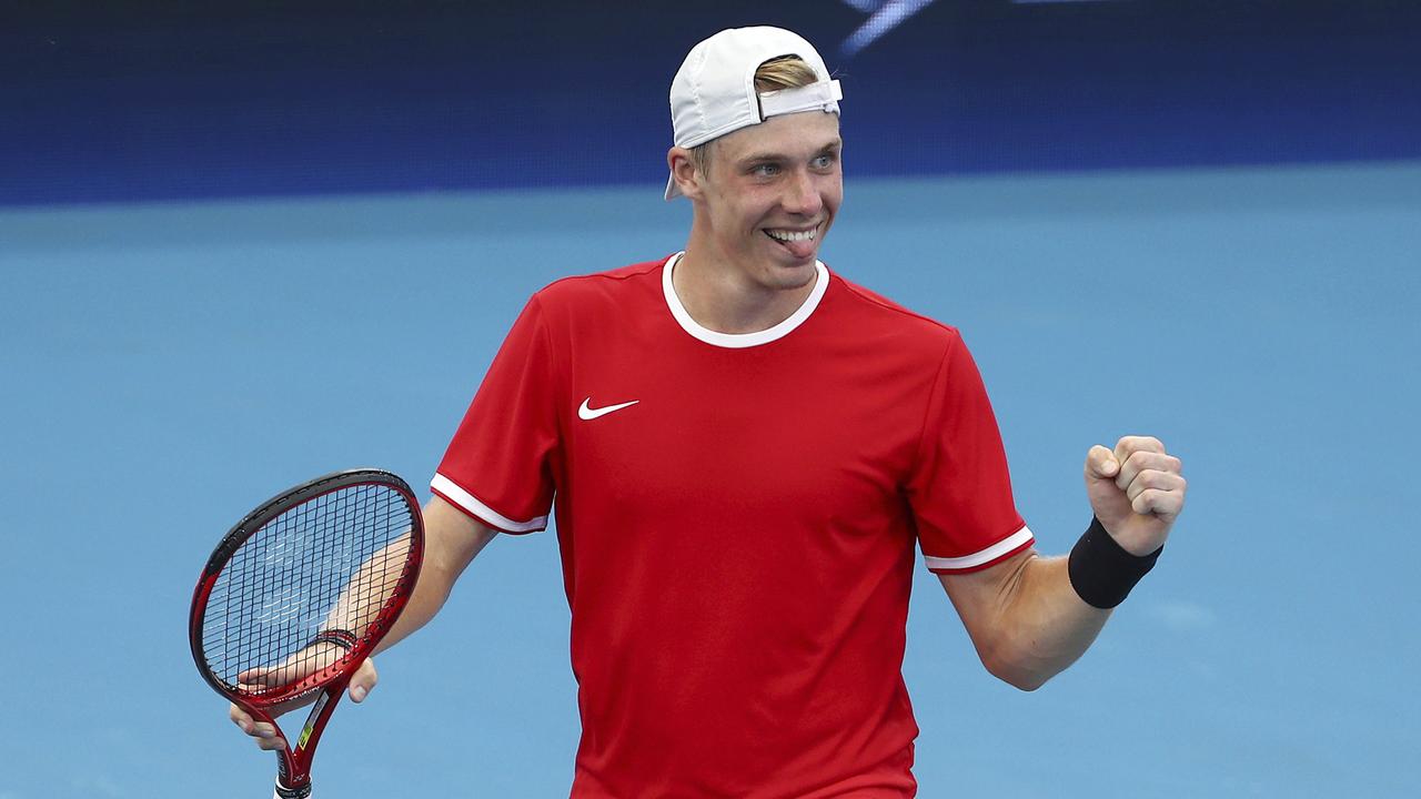 Denis Shapovalov of Canada reacts after he won his match against Stefanos Tsitsipas of Greece at the ATP Cup. (AP Photo/Tertius Pickard)