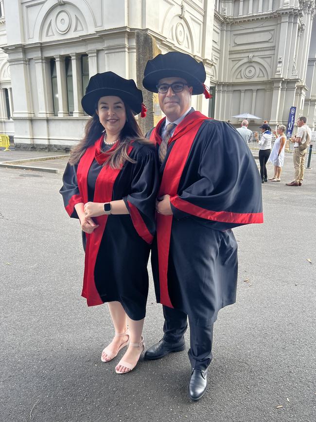 (Couple) Dr Vida Nazemian (PhD In Neuroscience) Dr Reza Asadi (PhD In Geotechnical Engineering) at the University of Melbourne graduations held at the Royal Exhibition Building on Tuesday, December 17, 2024. Picture: Jack Colantuono