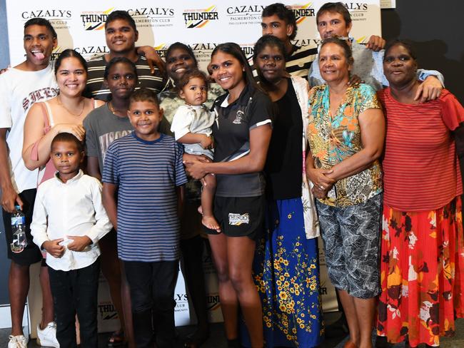 The Baird family celebrated after Palmerston star Janet Baird, 20, got picked up by the Gold Coast Suns in the 2020 AFLW Draft. Picture: Katrina Bridgeford.