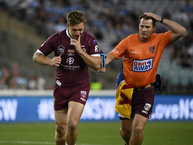 Cameron Munster leaves the field after just two minutes of Origin II. Picture: Grant Trouville/NRL Photos