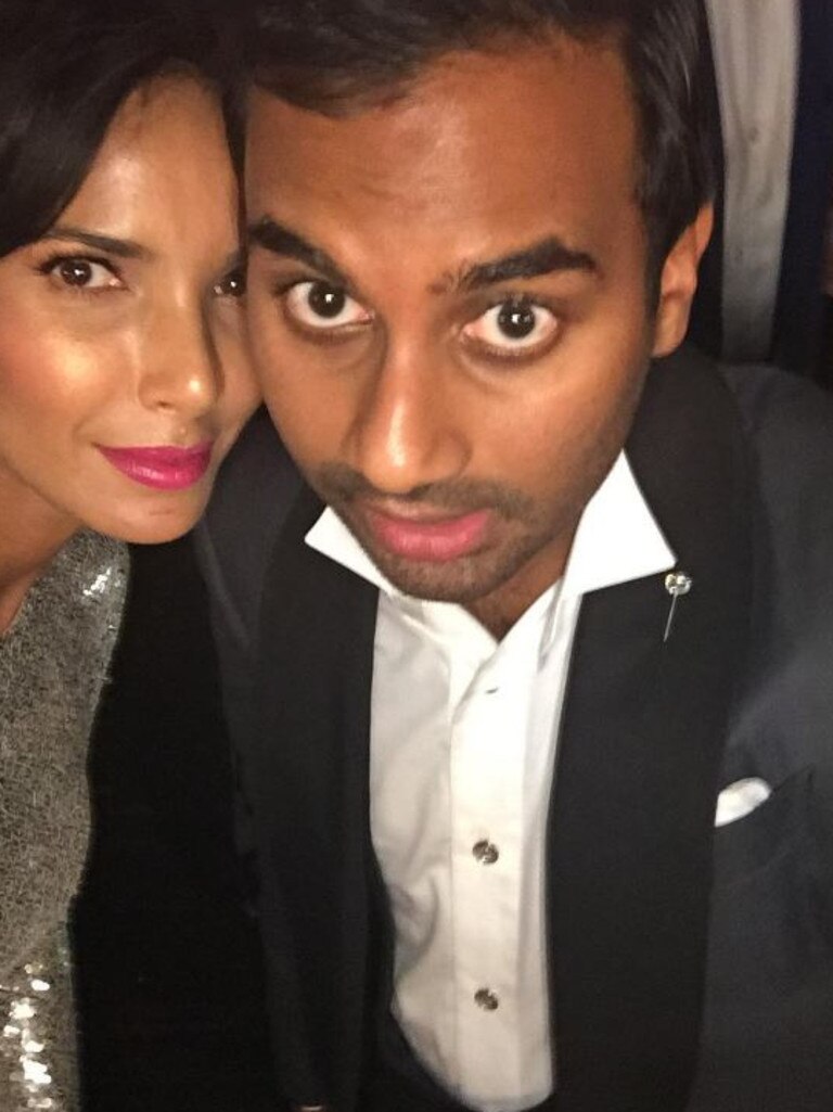 Padma Lakshmi with Aziz Ansari, "He won, I didn't. But we are representing hard! #downwithbrown" Picture: Instagram