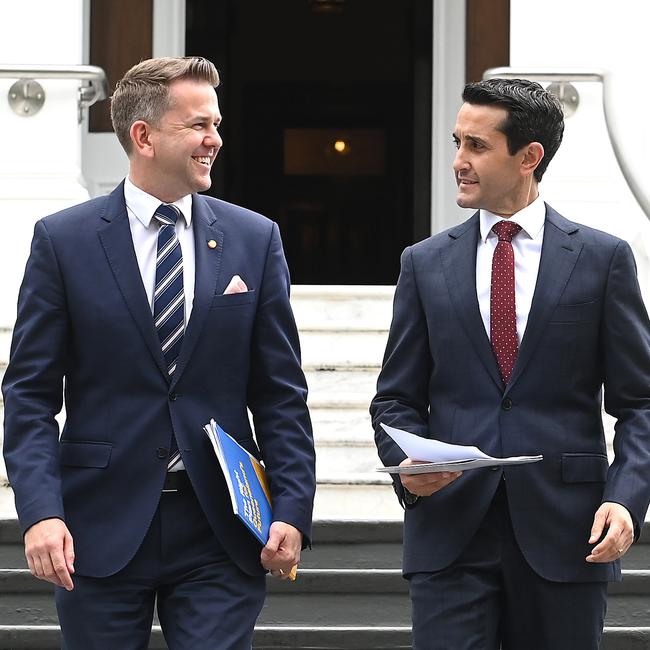 New Premier of Queensland David Crisafulli and Jarrod Bleijie. Picture: John Gass