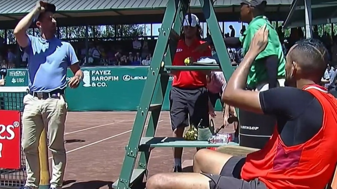 Kyrgios continued at the umpire after the match. Photo: Fox Sports