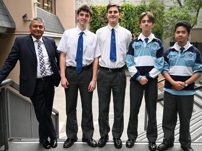 St Mary’s Cathedral College students after Modern History exam. (Teacher) Ashley Pereira - Instructional Leader of HSIE, Will Kelleher, Harry Reed, Harry Abbey and Dylan Tran. Picture: Supplied