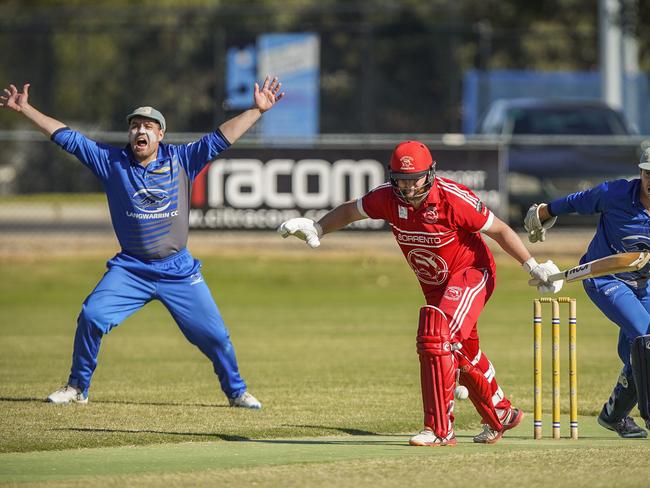 Sorrento batsman Bobby Wilson looks calm as Langwarrin’s Taylor Smith appeals in last season’s MPCA Provincial semi-final.