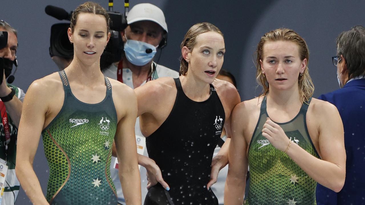 Emma McKeon, Madison Wilson and Ariarne Titmus look on as the race finishes. Australia claims Bronze. Picture: Alex Coppel