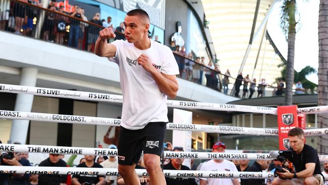 Despite the damage, Tszyu was back in training, punching one handed, less than 48 hours after the attack. Picture: Chris Hyde/Getty Images