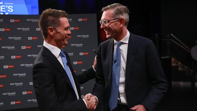 22, March, 2023.NSW Labor leader, Chris Minns, and NSW Premier Dominic Perrottet, meet at the start of The NSW PeopleÃs Forum. Sky News televised debate, at Penrith Panthers Rugby Leagues Club, Penrith, tonight.Picture: Justin Lloyd.