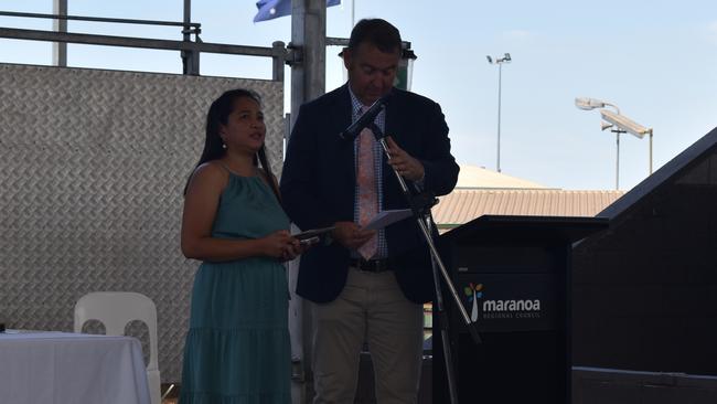 New Australian citizen Bernadette reading the pledge at the Maranoa Australia Day Awards 2023. Picture: Chloe Cufflin.