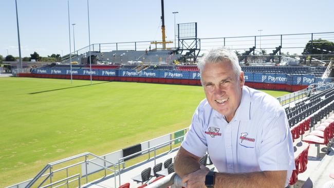 Dolphins CEO Tony Murphy poses for a photograph with the new Northern stand being constructed in the background. May 15, 2020. Picture: Renae Droop