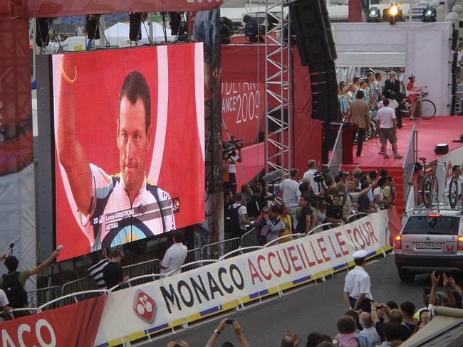 Armstrong shown on a screen during the 2009 Tour de France.