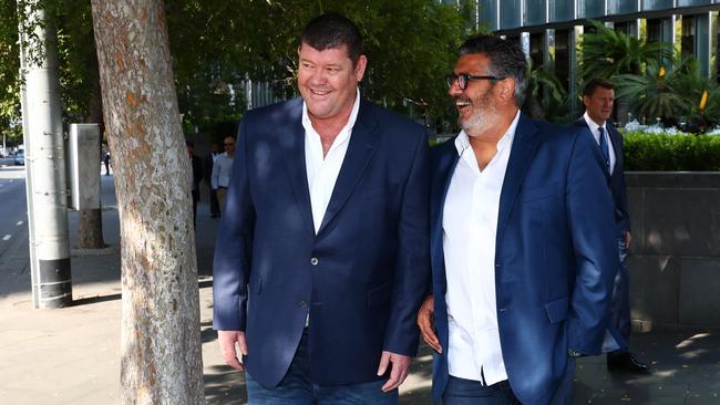 James Packer with Crown Resorts director Andrew Demetriou in Melbourne. Picture: Aaron Francis