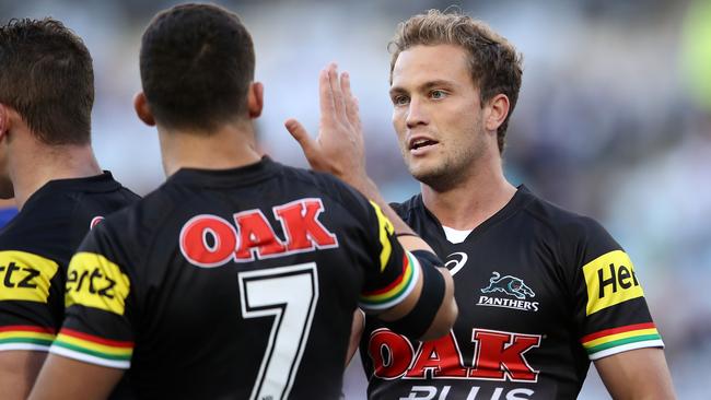 Nathan Cleary and Matt Moylan of the Panthers celebrate atry scored by Corey Harawira-Naera during the round 13 NRL match between the Canterbury Bulldogs and the Penrith Panthers at ANZ Stadium on June 4, 2017 in Sydney, Australia. (Photo by Mark Kolbe/Getty Images)