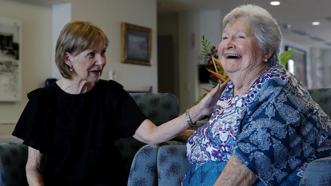 Aged-care residents and friends Julie Rankin and Fay Harris are among the first wave of Australian COVID vaccinations this week. Picture: Nikki Short