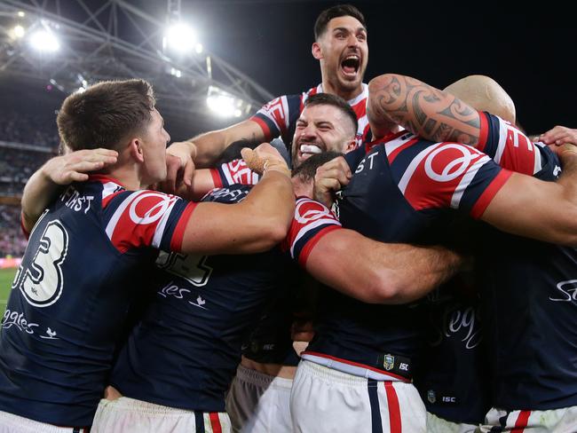 Ryan Matterson celebrates winning the Grand Final with his team mates at full time after the 2018 NRL Grand Final between the Sydney Roosters and Melbourne Storm at ANZ Stadium, Sydney. Picture: Brett Costello