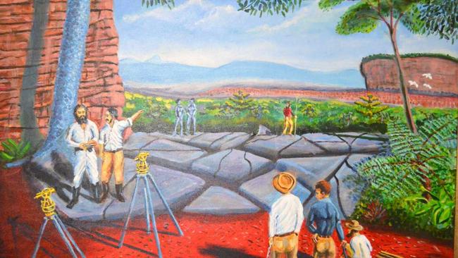 Surveyors Robert Francis (QLD) and Isaiah Rowland (NSW) survey the Queensland/ NSW                                                    border in 1863. Painting by Warren Keats OAM