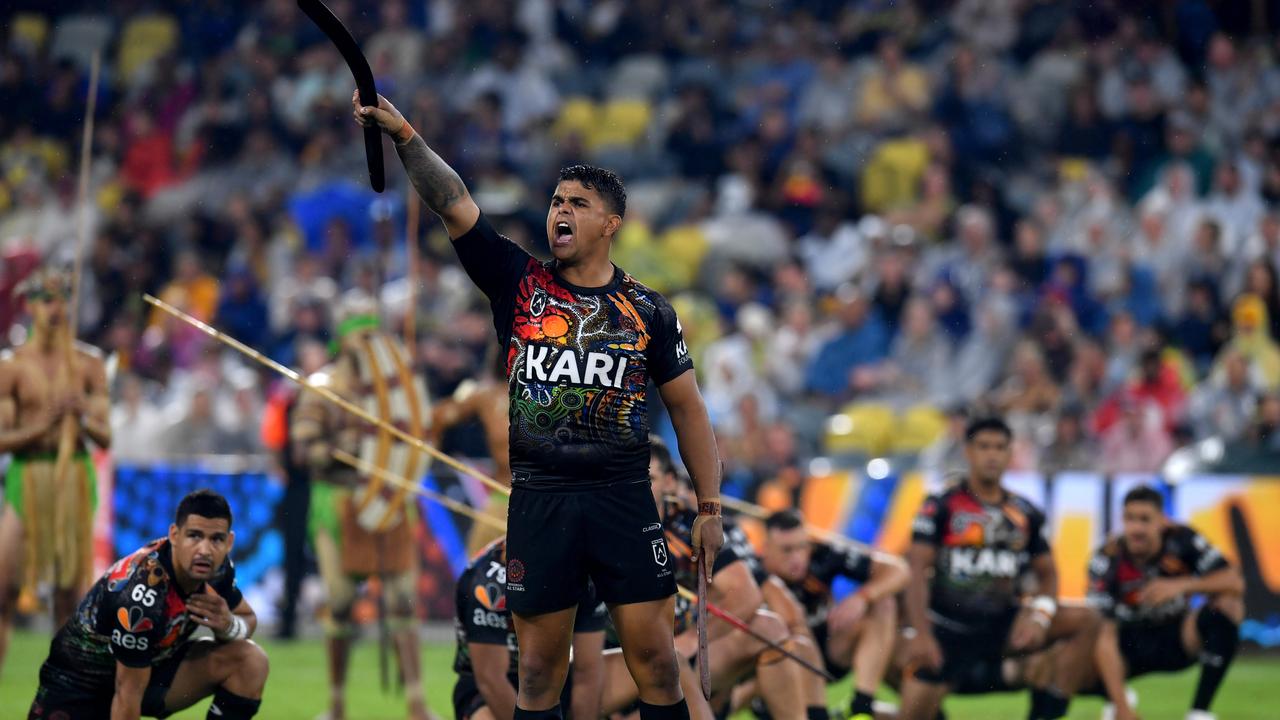 Latrell Mitchell leads the Indigenous war dance. Picture: Evan Morgan