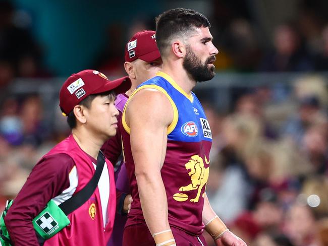 BRISBANE, AUSTRALIA - AUGUST 07: Marcus Adams of the Lions leaves the field during the round 21 AFL match between the Brisbane Lions and the Carlton Blues at The Gabba on August 07, 2022 in Brisbane, Australia. (Photo by Chris Hyde/AFL Photos/via Getty Images )