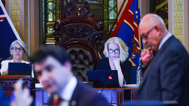 Lord Mayor Sandy Verschoor (left) and Acting CEO Clare Mockler (right) during an Adelaide City Council meeting. Picture: Brenton Edwards