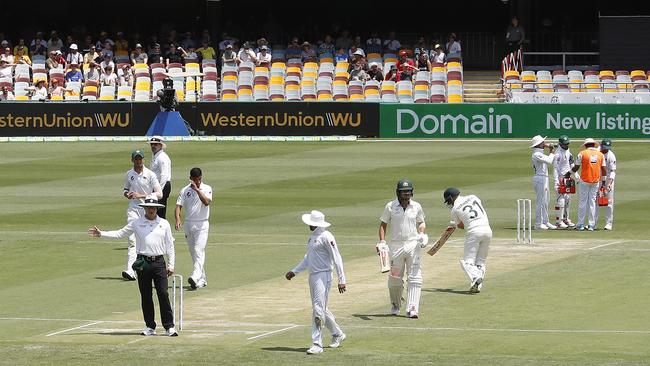 Umpire Richard Kettleborough signals a front foot no ball after Naseem Shah had originally claimed the wicket of David Warner. Picture: Getty