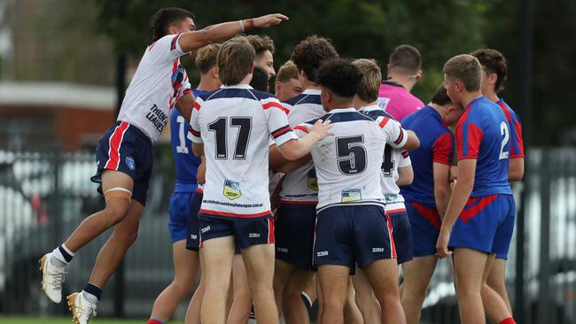 The Central Coast Roosters celebrate a try in the Andrew Johns Cup Grand Final. Picture: Sue Graham