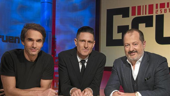 Concerns have been raised over adman Todd Sampson’s (left) role in the downfall of Qantas. Pictured here with Gruen show host Wil Anderson and panellist Russel Howcroft. Picture: ABC