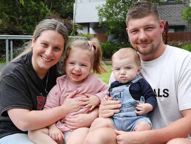 The Daily Telegraph 6.11.2023 Tiarne Carden and Ryan Kenny with their kids Khamyia (2, pink dress) and Quade (9 months) at their Roslelands home. This is a case study for mortgage rates ahead of the RBA's meeting tomorrow, when it is expected to raise rates again. Picture Rohan Kelly