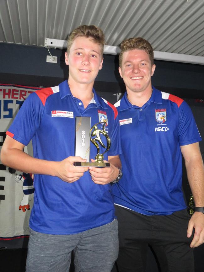 Ben Whybird was named 2019 Atherton Roosters under-18s best forward. He is pictured with coach Sam Harreman. David Anthony photo