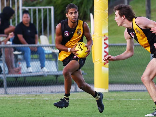 Tigers' Maia Kris finds space in the AFL Cairns premiership men's preliminary final match between the Cairns City Lions and the North Cairns Tigers, held at Cazalys Stadium, Westcourt. Picture: Brendan Radke