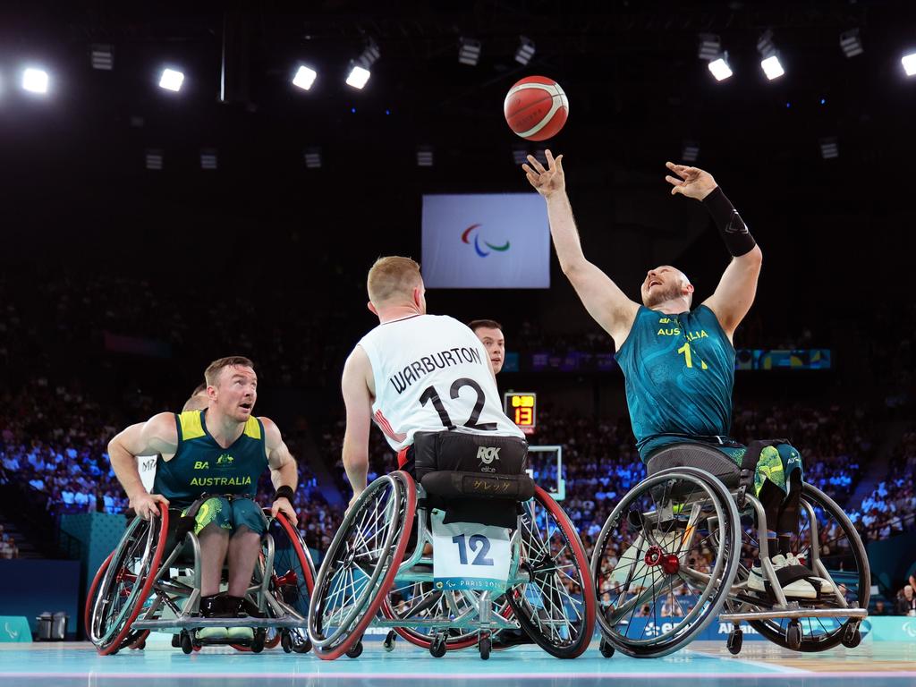 Tom O'Neill-Thorne of Team Australia shoots over Gregg Warburton of Team Great Britain during the Wheelchair Basketball quarterfinal. The Aussies were defeated and are out of medal contention. Picture: Alex Slitz/Getty Images