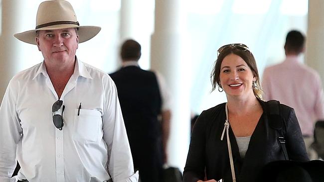 Former Deputy Prime Minister Barnaby Joyce and his pregnant partner Vikki Campion at Canberra Airport this week. Picture: Kym Smith