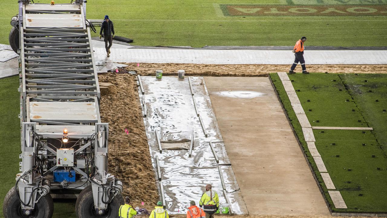 Drop-in pitches being installed at the MCG. Picture: Jason Edwards