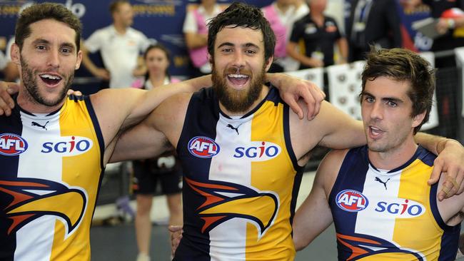 Eagle Josh Kennedy is all smiles after the match. Picture: Daniel Wilkins