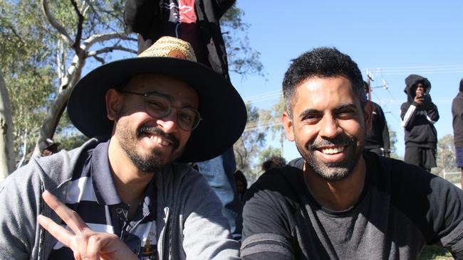 Abhinav and Haresh at Traeger Park, Alice Springs, for the Demons Saints game on June 1, 2025. Picture: Gera Kazakov