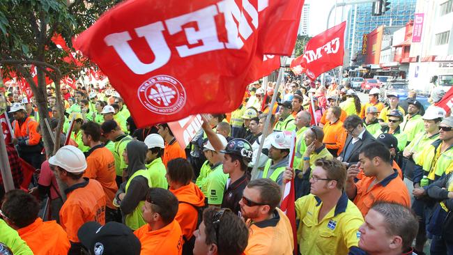 CFMEU RALLY union protest outside the magistrates court. flag honour guard.Pic Annette Dew