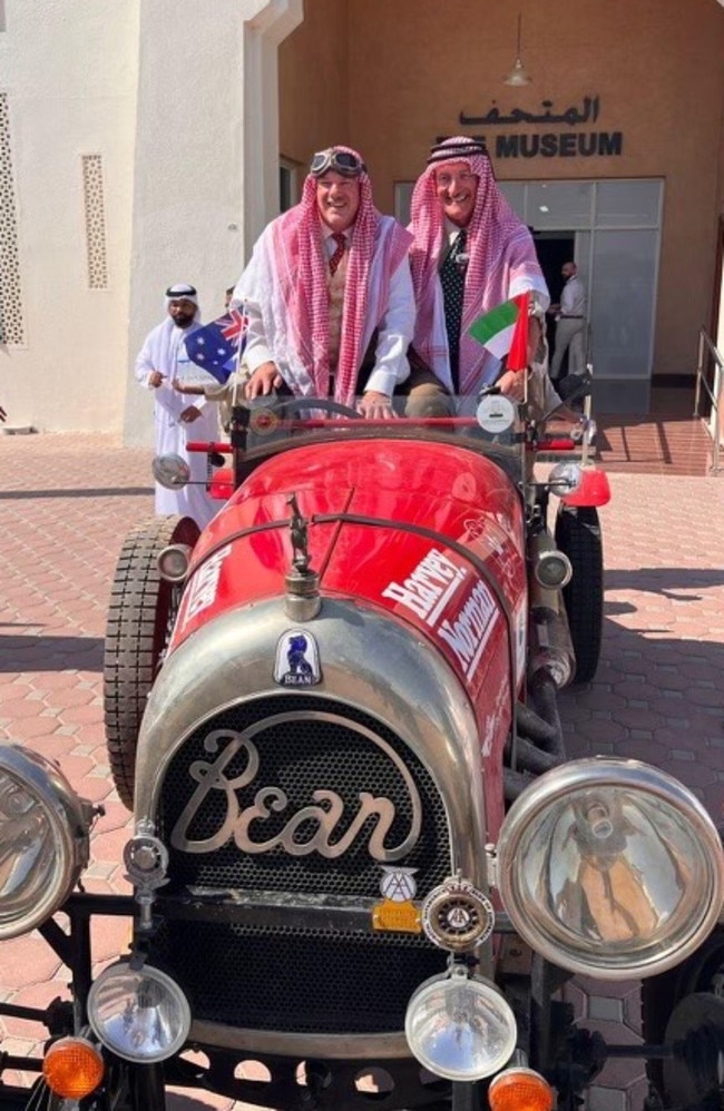 Matthew Benns, Warren Brown and the Bean outside the Sharjah Old Car Museum. Picture: Matthew Benns