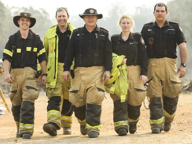 Auxiliary firefighters (from left) Tyron Charles, Matt Rogers, Shane Macklin, Shannell van Nek and Regan Boustead. Picture: Mark Cranitch