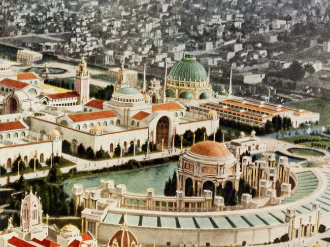 History: Aeroplane view main group of exhibit palaces. Panama-Pacific International Exposition