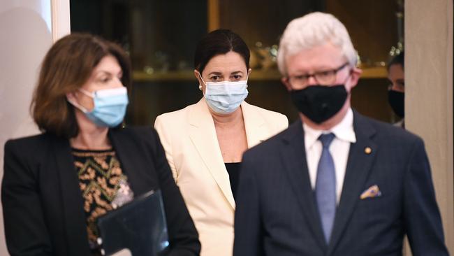 Queensland Governor Paul De Jersey and Premier Annastacia Palaszczuk arrive for a swearing-in ceremony at Government House. Picture: NCA NewsWire / Dan Peled