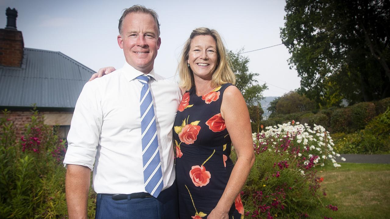 Premier Will Hodgman with wife, Nicky Hodgman the day after announcing he would quit politics. Picture: LUKE BOWDEN