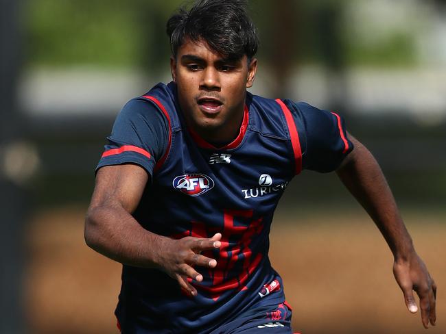 MELBOURNE, AUSTRALIA - DECEMBER 02: Kysaiah Pickett of the Demons runs during a Melbourne Demons AFL pre-season training session at Gosch's Paddock on December 02, 2019 in Melbourne, Australia. (Photo by Kelly Defina/Getty Images)