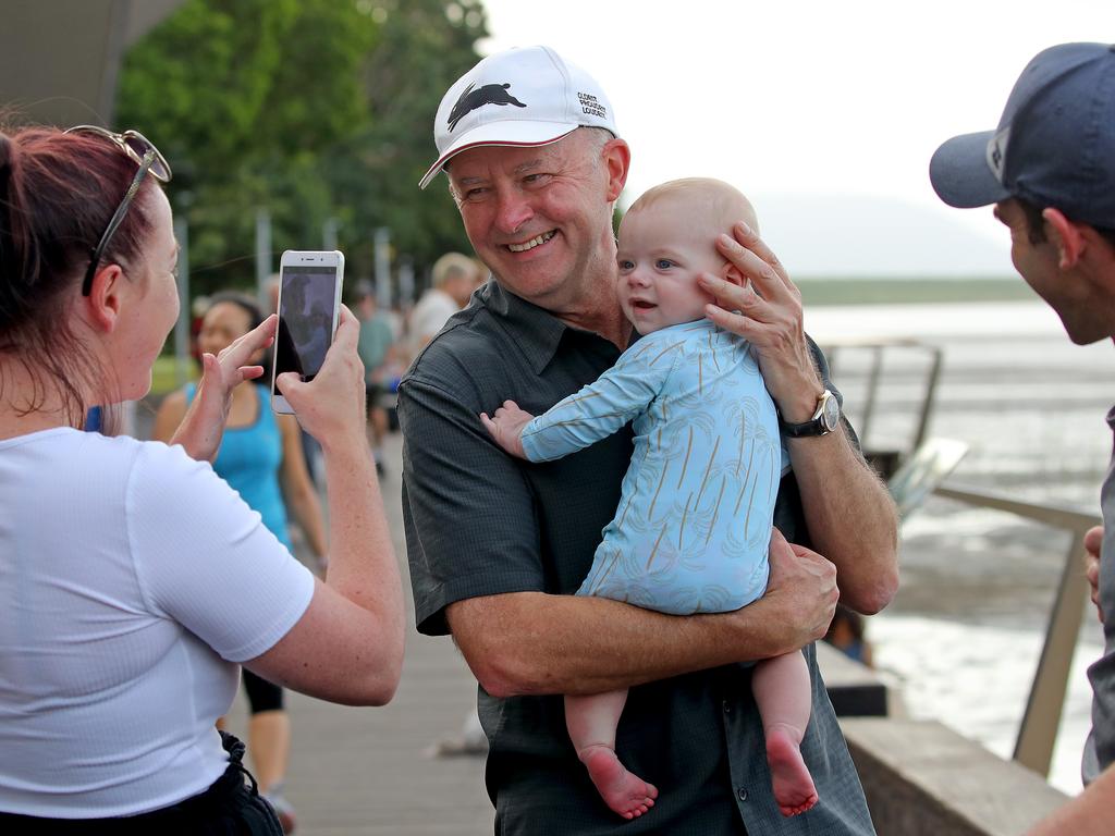 Labor leader Anthony Albanese meets five-month-old Alex Jerrard along with mum and dad Megan and Mike from Cairns. Picture: Toby Zerna