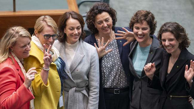 CANBERRA, AUSTRALIA - NewsWire Photos June 28, 2022: Independet MP's Zoe Daniel, Sohpie Scamps, Allegra Spender, Monique Ryan, Kate Chaney pose for a photograph at Parliament house, Canberra. Picture: NCA NewsWire / Martin Ollman