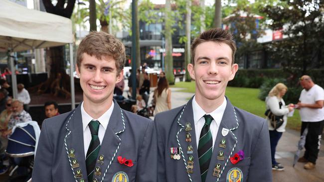 David Webb and Mitch Noble at the Surfers Paradise RSL Anzac Day noon service 2025 at Cavill Park for Gold Coast at Large. Picture, Portia Large.