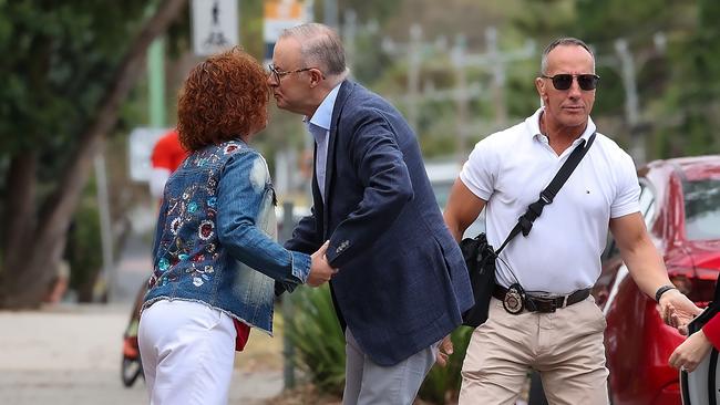 Prime Minister Anthony Albanese greets Labor candidate Jodie Belyea at Derinya Primary School in Frankston South, on polling day for the Federal seat of Dunkley. Picture: NCA NewsWire / Ian Currie