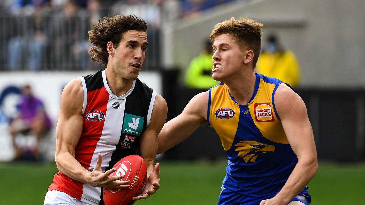 PERTH, AUSTRALIA – JULY 24: Max King of the Saints looks to break past Harry Edwards of the Eagles during the 2021 AFL Round 19 match between the West Coast Eagles and the St Kilda Saints at Optus Stadium on July 24, 2021 in Perth, Australia. (Photo by Daniel Carson/AFL Photos via Getty Images)