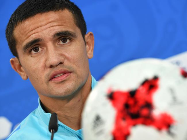 Australia's forward Tim Cahill attends a press conference at the Spartak Stadium in Moscow on June 24, 2017 on the eve of the 2017 FIFA Confederations Cup group B football match between Chile and Australia. / AFP PHOTO / Yuri KADOBNOV