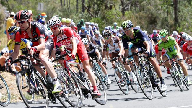 Cadel Evans sits at the front of the peloton during the second stage of the Tour Down Under. Picture: Sarah Reed