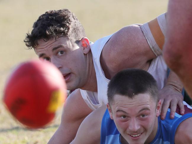 Football BFNL - Geelong Amateur v Modewarreeyes on the ball Geelong Amateur 4 Tom Gribble and  Modewarre 17 Declan Prigg Picture: Mark Wilson